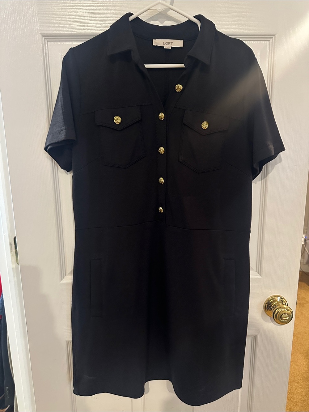 LOFT Black Short Sleeve Shirt Dress with Gold Buttons and Pocket Detail